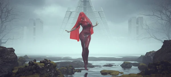 Futuristische Sci Alien Villain Space Woman Red Shrink Wrap Dress — Stockfoto