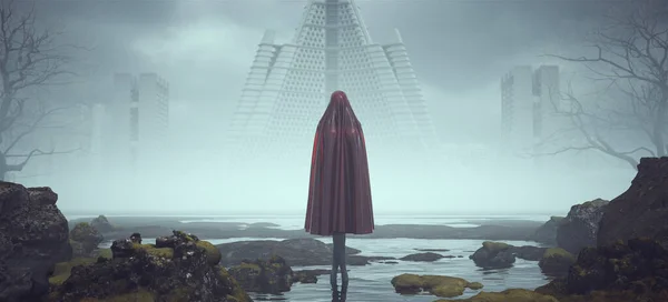 未来科学Fi悪の赤霊幽霊女像異界の水に足を踏み入れる風景謎の霧放棄されたブルータリズム建築3Dイラストレンダリング — ストック写真