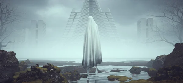 外国人の海に浮かぶ未来のSf邪霊鬼女風景謎の霧放棄されたブルータリズム建築3Dイラストレンダリング — ストック写真