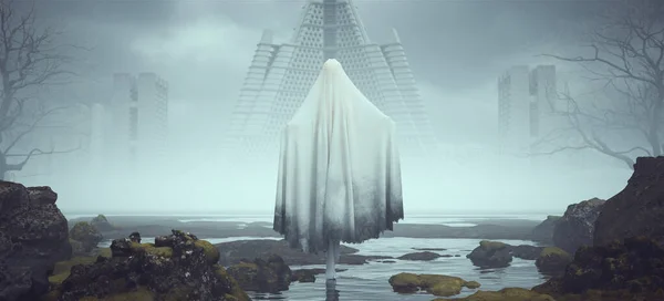 Futuristic Sci Evil Spirit Ghost Woman Floating Water Arms Out — Φωτογραφία Αρχείου