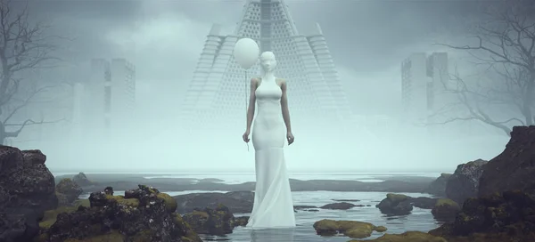 未来のSf外国人鬼女白い風船と赤い縮れラップドレスで輝く目でエイリアン風景神秘的な霧の放棄されたブルータリズム建築3Dイラストレンダリング — ストック写真