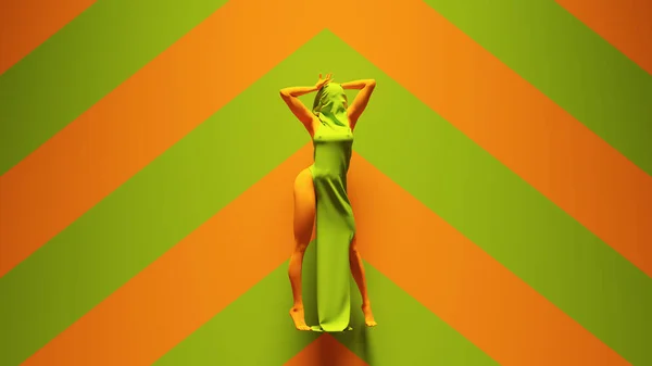 Green Orange Woman Standing Arms Abstract Dress Green Orange Chevron — стокове фото