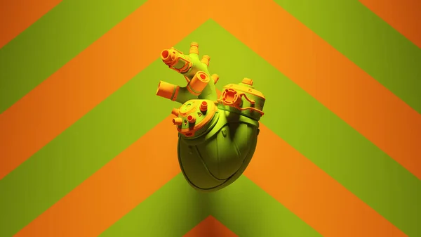 Green Orange Cyborg Heart Mit Grünem Und Orangefarbenem Chevron Hintergrund — Stockfoto