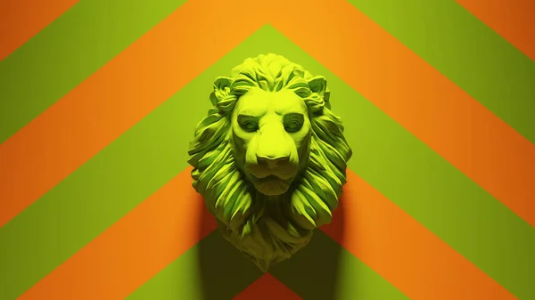 Busto Testa Leone Verde Con Verde Uno Sfondo Arancione Chevron — Foto Stock