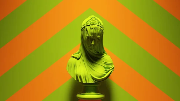 Green Female Classical Drapery Portrait Sculpture Green Orange Chevron Background — стокове фото