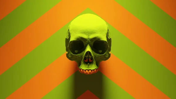 緑のオレンジ人間の女性の頭蓋骨医学解剖学的歯と緑のオレンジシェブロンパターン背景3Dイラストレンダリング — ストック写真