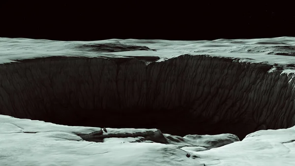 Moonscape Large Deep Crater Lifeless バレンムーンサーフェスSf 3Dイラストレンダリング — ストック写真