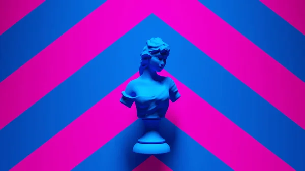 蓝色粉红女性古典女性雕塑与蓝色粉红雪佛龙图案背景3D插图渲染 — 图库照片