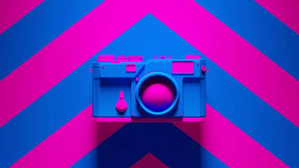 蓝色粉红摄影相机设备复古设计技术与粉色蓝色雪佛龙背景图3D渲染 — 图库照片