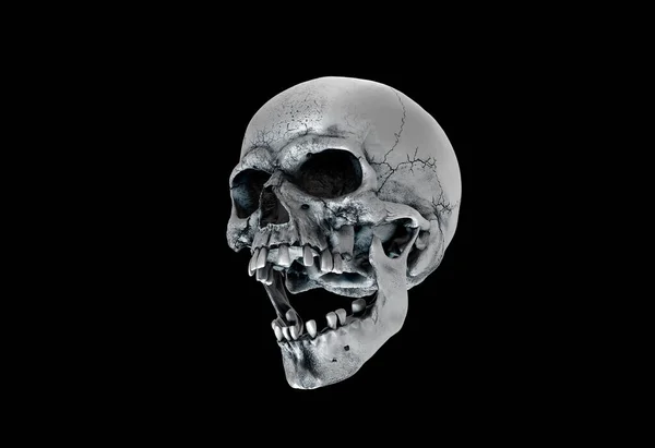 A human skull full face a wide-open mouth on saturated colors on a black isolated background. Image for printing. The concept of death, horror. Spooky Halloween symbol, virus. 3d render illustration.