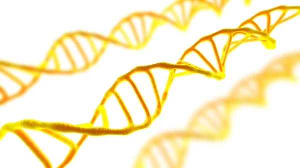 Beyaz yalıtılmış bir zemin üzerinde elektron mikroskobunda sarı DNA molekülleri görülür. Biyoloji ve biyoteknoloji konsepti, bilimsel araştırma, deoksiribonükleik asit, insan genomu. 3B resimleme.
