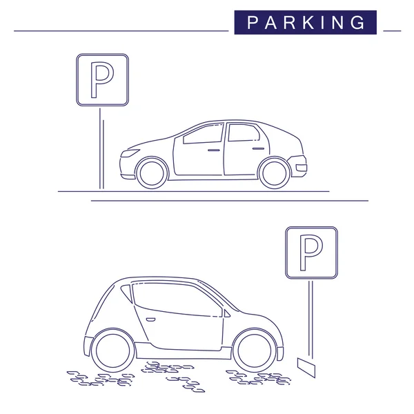 Lijntekeningen. Parkeren ontwerp op een witte achtergrond. Parkeren teken. Auto 's. — Stockvector