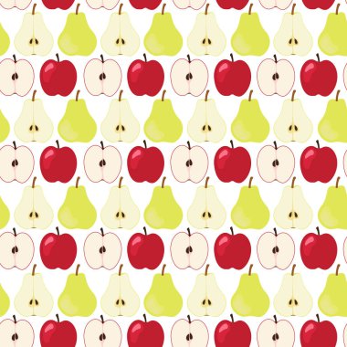 Elmalar ve armutlar beyaz bir arkaplanda, pürüzsüz bir desen.