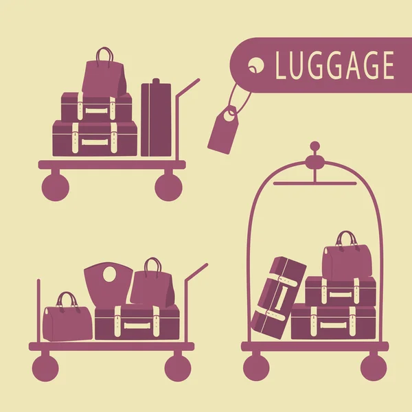 Verschillende bagage karren en koffers — Stockvector