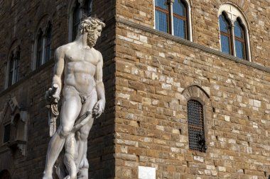 Floransa, İtalya 'daki Piazza della Signoria' daki Palazzo Vecchio 'nun önünde Fontana del Nettuno.
