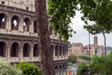 Roma, İtalya 'da bulutlu bir yaz gününde Kolezyum. Kolezyum, Roma Forumu 'nun hemen doğusunda, İtalya' nın başkenti Roma 'nın merkezinde bulunan oval bir amfitiyatrodur..