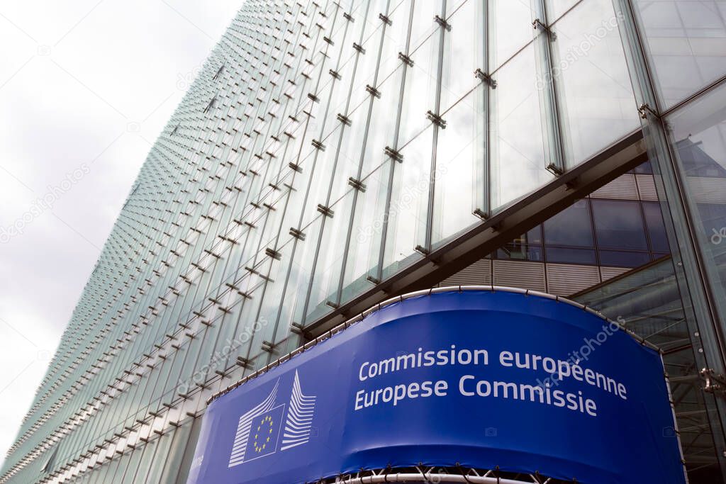 Entrance of the Berlaymont Building, seat of the European Commission in Brussels, Belgium