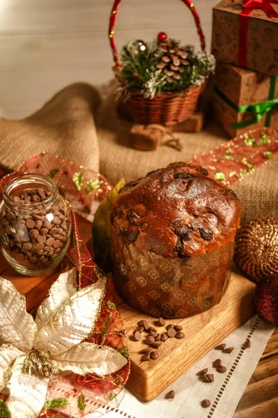 Chocolate Panettone Wooden Table Christmas Ornaments — Stock Photo, Image