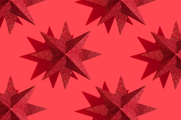 Pattern Glitter Red Stars Red Background New Year Christmas Concept — Stock Photo, Image