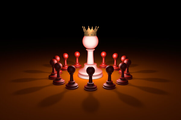 Новый лидер (шахматная метафора). 3D-рендеринг
