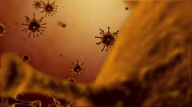 Virüs saldırısı. Çevrede grip virüsleri var. (SARS-CoV-2, Covid-19, Wuhan Coronavirus, 2019nCoV, SARS-CoV, MERS-CoV). Alt görüntü 3D animasyon. Quick Time, h264,16-bit renk, en yüksek kalite. Renklerin pürüzsüz derecelendirilmesi, bağlanmadan.