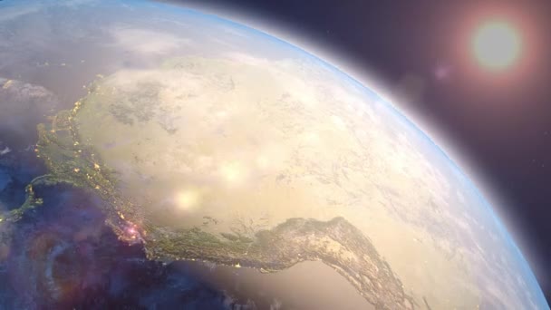 地球和太阳 日出和日落 从太空看风景 南美和平静的海洋 现实的气氛 星空白云笼罩着这个星球快速时间 Prores 4444 最高质量 色泽的平滑分级 — 图库视频影像