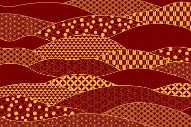 Kırmızı arkaplan ile soyut altın geleneksel doğu deseni. Çin Yeni Yılı ve Sonbahar Festivali için Doğu tarzı zarif minimal kart tasarımı