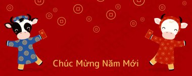 El çizimi 2021 Vietnam Yeni Yılı Tet illüstrasyonu, tatlı bufalo çocuk, kız ao dai, kırmızı zarf, Vietnam metni Mutlu Yıllar. El çizimi vektör. Düz stil tasarım. Konsept tatil kartı 