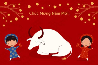 Elle çizilmiş 2021 Vietnam Yeni Yılı Bizonlu Tet çizimi, Aadai 'li şirin çocuklar, kırmızı zarf, kayısı çiçekleri, Vietnam metni Mutlu Yıllar. Düz dizayn. Tatil kartı,