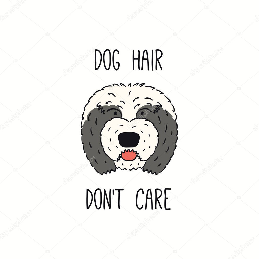 Cute funny Old English sheepdog, puppy face, quote Dog hair dont care. Hand drawn color vector illustration isolated on white background. Line art. Pet logo. Design concept trendy poster,