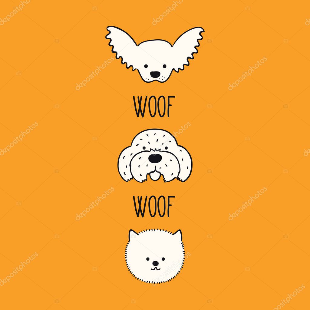 Cute funny dog, puppy faces, chihuahua, Maltese, Pomeranian, quote Woof. Hand drawn color vector illustration on orange background. Line art. Pet logo. Design concept trendy poster,