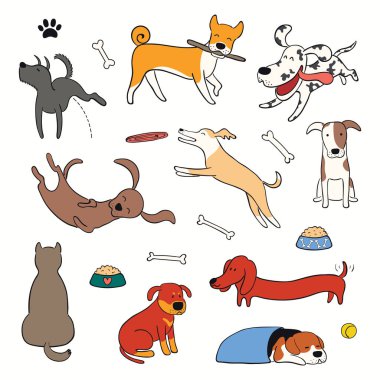 Şirin, komik, farklı köpekler, köpek yavruları koleksiyonu. Beyaz arkaplanda el çizimi renk vektörü çizimi izole edildi. Çizgi çalışması. Evcil hayvan logosu. Tasarım konsepti moda posteri,