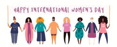 Çeşitli kadın gruplarının kadın çizgi film karakterleri ellerinde pankart tutarak protesto yapıyorlar. El çizimi vektör çizimi beyaz arkaplanda izole edildi. Feminizm ve cinsiyet eşitliği kavramı. 