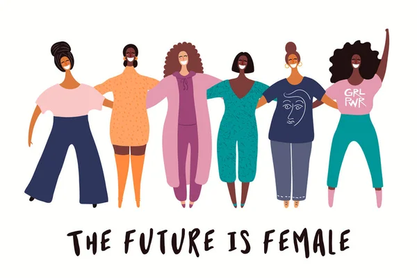 多様な美しい現代の女の子のグループの女性漫画のキャラクター 白地に描かれた手描きベクトルイラスト フェミニズム ジェンダー平等の概念 — ストックベクタ