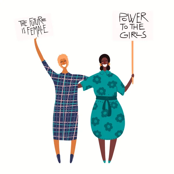 Nainen Sarjakuvahahmoja Kaksi Naista Protesti Halaus Tilalla Kylttejä Käsin Piirretty — vektorikuva
