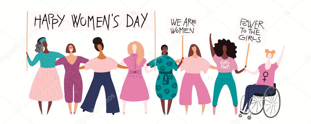 Female cartoon characters of Diverse women group, woman in a wheelchair on a protest, holding placards, banners. Hand drawn vector illustration isolated on white background. Concept for feminism, gender equality. 