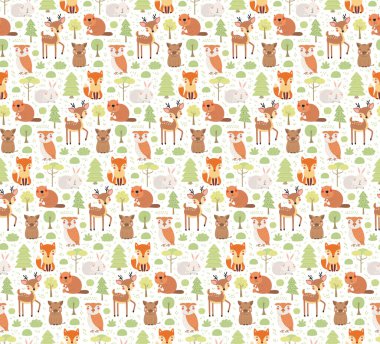 Beyaz bir arka planda sevimli orman hayvanları ve ağaçlar kusursuz desenler. El çizimi vektör çizimi. İskandinav tarzı düz tasarım. Çocuklar için tekstil kavramı  