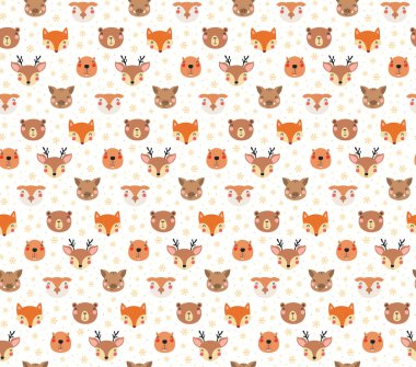 Şirin orman hayvanları beyaz arka planda pürüzsüz bir desenle karşı karşıya. El çizimi vektör çizimi. İskandinav tarzı düz tasarım. Çocuklar için tekstil kavramı 