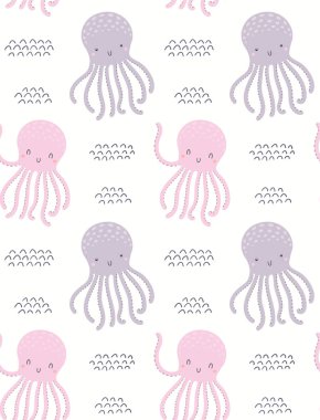 Denizde dikişsiz desenli şirin ahtapot, pembe, beyaz arka planda menekşe. El çizimi vektör çizimi. İskandinav tarzı düz tasarım. Çocuklar için denizcilik moda baskısı kavramı 