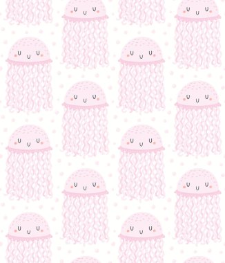 Denizdeki şirin denizanaları pürüzsüz desenli, beyaz arka planda pembe. El çizimi vektör çizimi. İskandinav tarzı düz tasarım. Çocuklar için denizcilik moda baskısı kavramı 