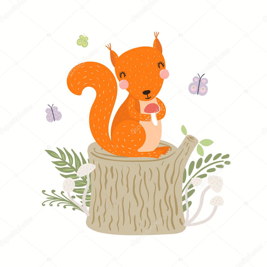 Cute funny squirrel on tree stump, mushrooms