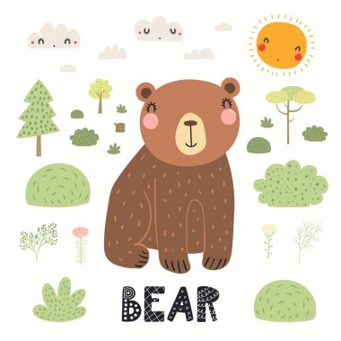 Ormandaki sevimli komik ayı, orman manzarası