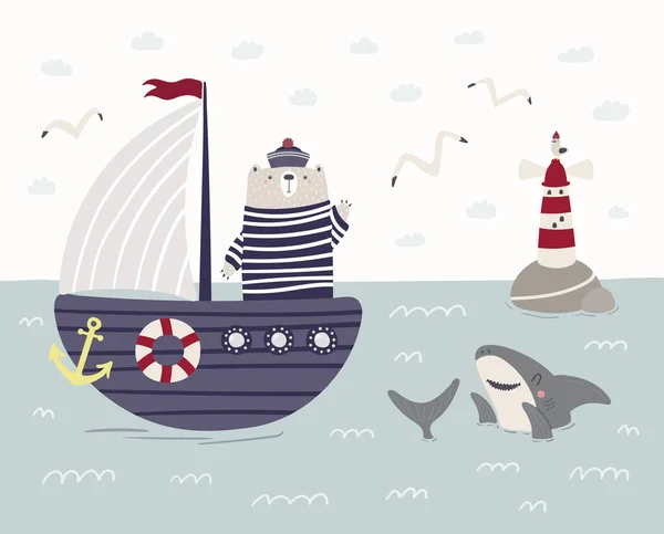 Yelkenli, köpekbalığı ve deniz fenerindeki sevimli ayı denizci — Stok Vektör