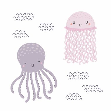 Şirin komik denizanası, su altında ahtapot, beyaz arka planda izole edilmiş deniz dalgaları. El çizimi vektör çizimi. İskandinav tarzı düz tasarım. Çocuklar için deniz modası kavramı 