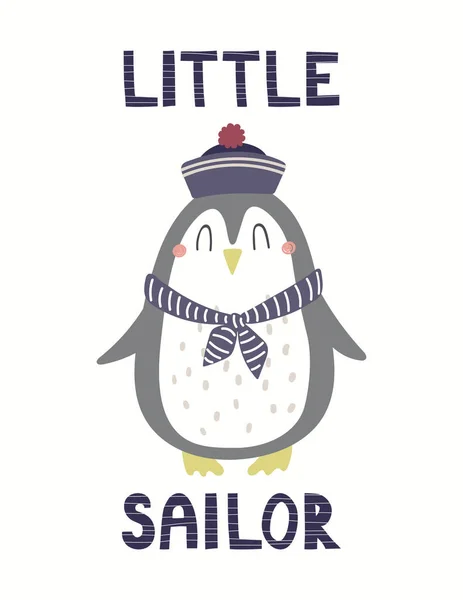 帽子のかわいいペンギン バンダナ 引用白い背景に隔離された小さな船員 手描きベクトルイラスト 北欧風のフラットデザイン 子供のためのコンセプト 海事ファッション — ストックベクタ