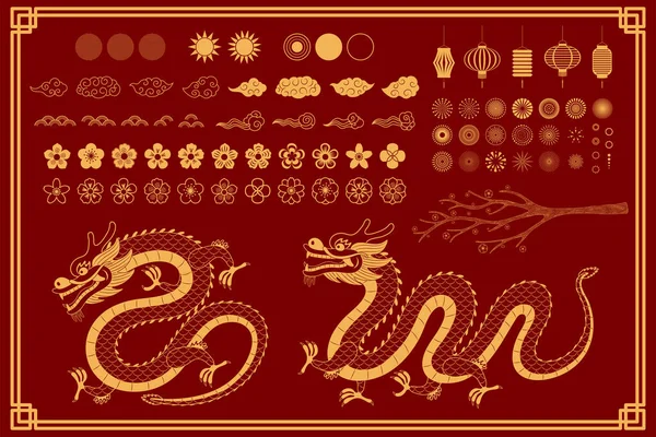 Dragão Chinês Asiático Tradicional Oriental Coleção Elementos Dourados Com Nuvens — Vetor de Stock