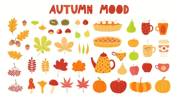 Otoño Elementos Clipart Conjunto Hojas Con Bayas Alimentos Aislados Sobre — Archivo Imágenes Vectoriales