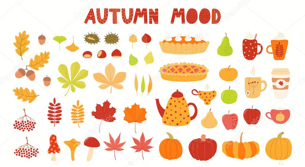 Autumn elements clipart set of leaves with berries and food isolated on white background. Hand drawn vector illustrations collection. Scene creator Scandinavian style flat design. Concept for kids print