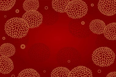 Kırmızı arka planda altın kasımpatı çiçekleri olan geleneksel Asya geçmişi. Doğulu, doğu tarzı vektör çizimi. Çin Yeni Yılı ve Sonbahar Festivali Kartı Tasarım Konsepti 