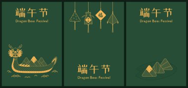Zongzi köfteli altın ejderha teknesi ve yeşil arkaplanlı Çin Ejderha Teknesi Festivali 'nde Güvenli, Fortune yazılı güzel kokulu keseler. Tatil posteri. El çizimi vektör çizimi. Satır sanatı.